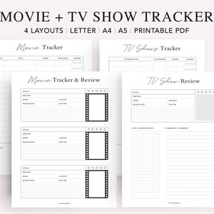 Rastreador de películas imprimible, Rastreador de series de TV, Registro de películas, Revisión de programas de TV, Carta, A4, Inserciones del planificador A5