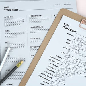 May include: A white sheet of paper with a checklist for reading the New Testament. The checklist includes the books of the New Testament, with spaces to mark off each chapter as it is read. The paper is on a brown clipboard with a gold clip.