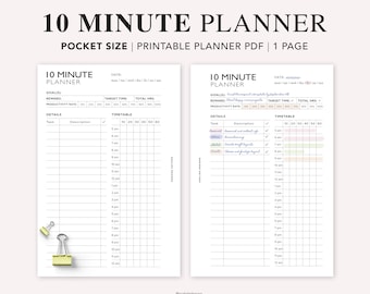 May include: A printable 10-minute planner with two pages. The left page has a blank timetable with columns for 10-minute increments from 5 am to 12 am. The right page has a timetable with columns for 10-minute increments from 9 am to 12 am. The right page also has a section for goals, reward, productivity rate, and details with a task and description.