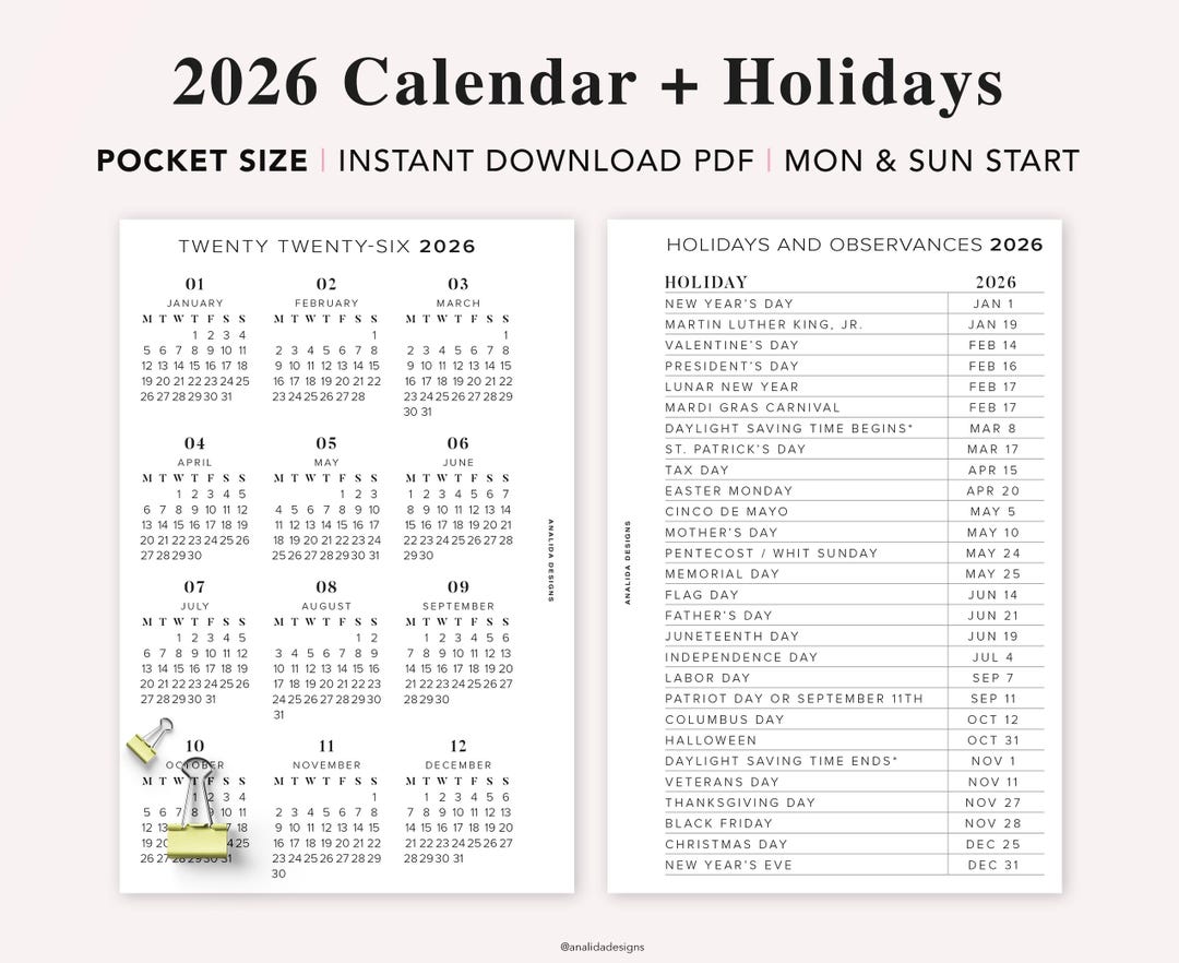 2026 Pocket Calendar With Holidays: Year at A Glance (PDF