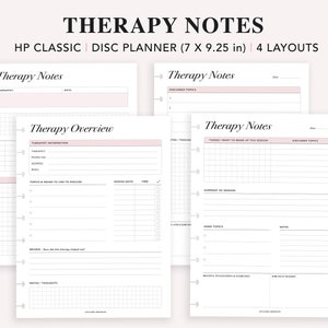 May include: Four printable pages for a disc planner, designed for therapy notes. The pages include sections for therapist information, topics to discuss, session dates, types of therapy, a summary of the session, hard topics, notes, beliefs, suggestions, and next session topics.