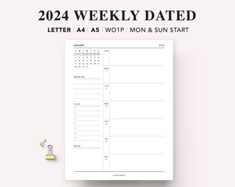 2024 Weekly Dated Printable, Weekly Planner Agenda, Weekly Organizer, Weekly To Do List for Work/Home, WO1P, Download PDF, Filofax A5