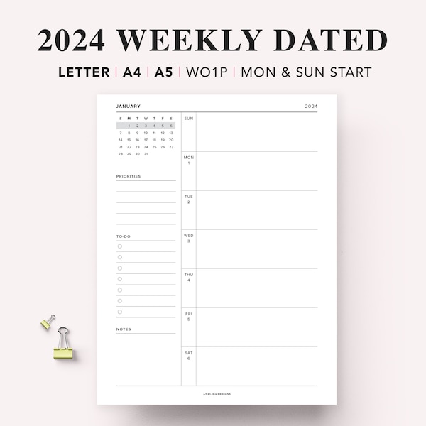 2024 Weekly Dated Printable, Weekly Planner Agenda, Weekly Organizer, Weekly To Do List for Work/Home, WO1P, Download PDF, Filofax A5