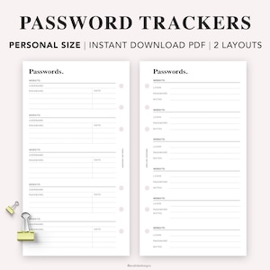 PERSONAL Password Tracker Insert, Printable Password Tracker Template, Password Log, Password Organizer, Password Keeper, Filofax Personal