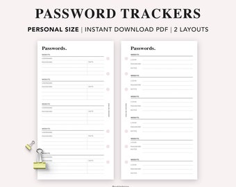 May include: Printable password tracker with two different layouts. The tracker has sections for website, username, password, login, and notes. The text "Passwords." is at the top of each page.