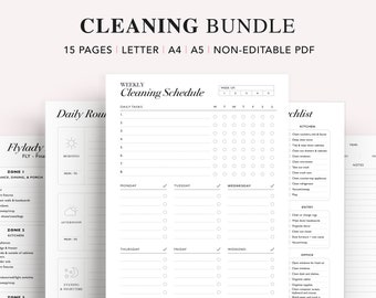 May include: A printable cleaning schedule bundle with 15 pages. The pages include a weekly cleaning schedule, a daily routine, and a checklist for different areas of the house, such as the kitchen, entryway, and office. The pages are designed in a minimalist style with black text on a white background.