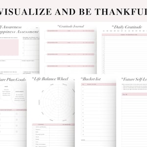 May include: A printable self-care and gratitude journal with sections for self-awareness, happiness assessment, daily gratitude, self-care plan goals, life balance wheel, bucket list, and a future self-letter. The journal has a pink and white color scheme.
