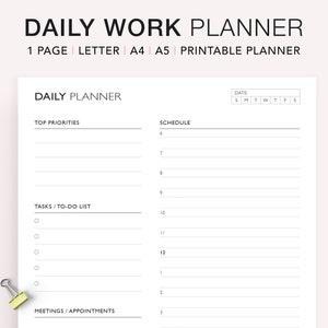 Daily Planner Printable, Hourly Planner, Work planner,  Task Schedule, Daily organizer, Undated Planner Inserts PDF, A5, Letter Size, A4
