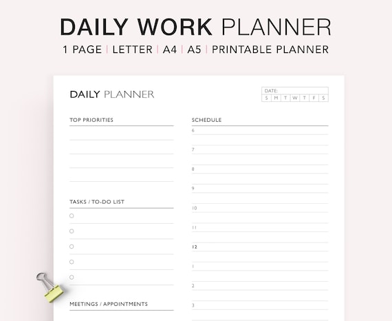 Daily Hourly Planner Printable: Work Schedule, A4 A5 Letter (PDF)
