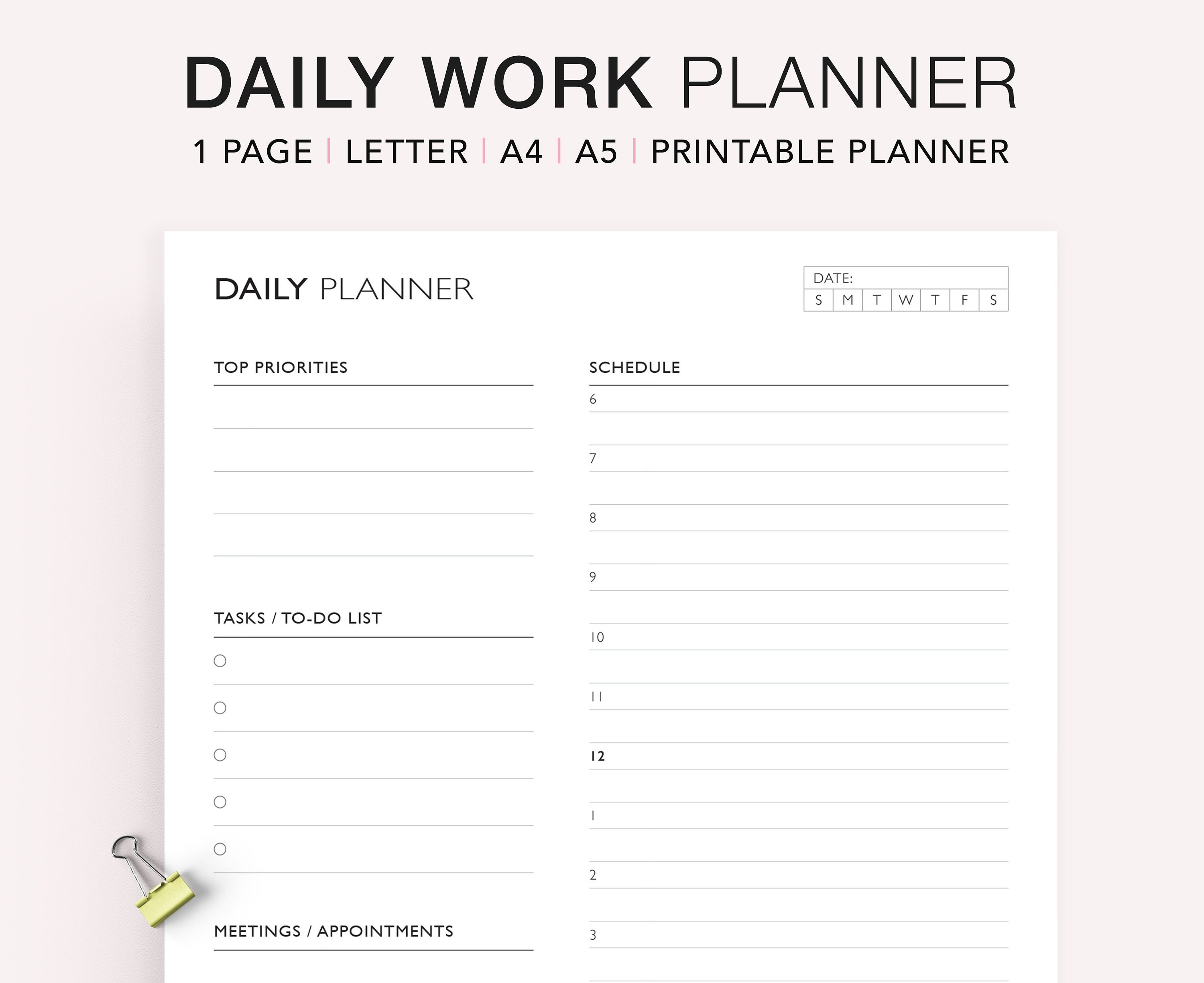 Daily Planner Printable, Hourly Planner, Work planner,  Task Schedule, Daily organizer, Undated Planner Inserts PDF, A5, Letter Size, A4