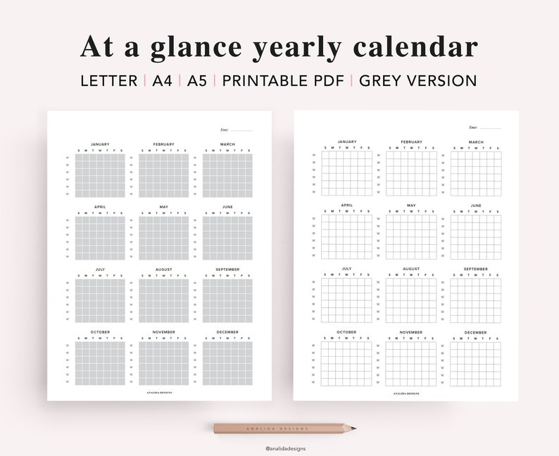 Calendar Printable Undated Yearly Calendar Annual Calendar Etsy