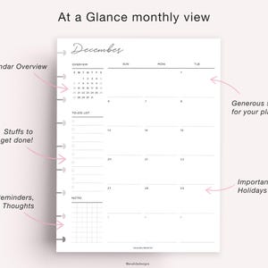 May include: A minimalist monthly planner page with the word "December" in cursive. It includes a calendar overview, to-do list, and space for notes. The design is clean and simple, with ample room for planning and reminders.