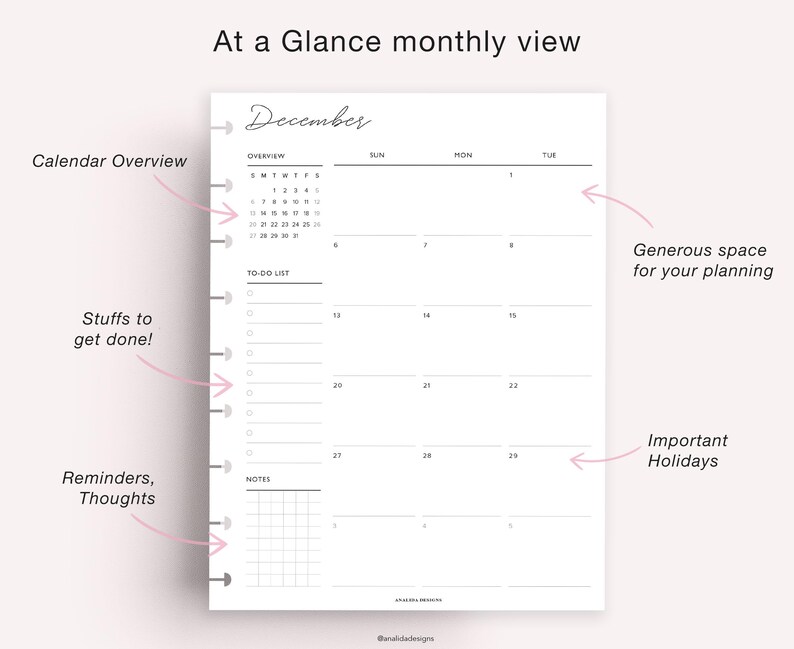 May include: A minimalist monthly planner page with the word "December" in cursive. It includes a calendar overview, to-do list, and space for notes. The design is clean and simple, with ample room for planning and reminders.