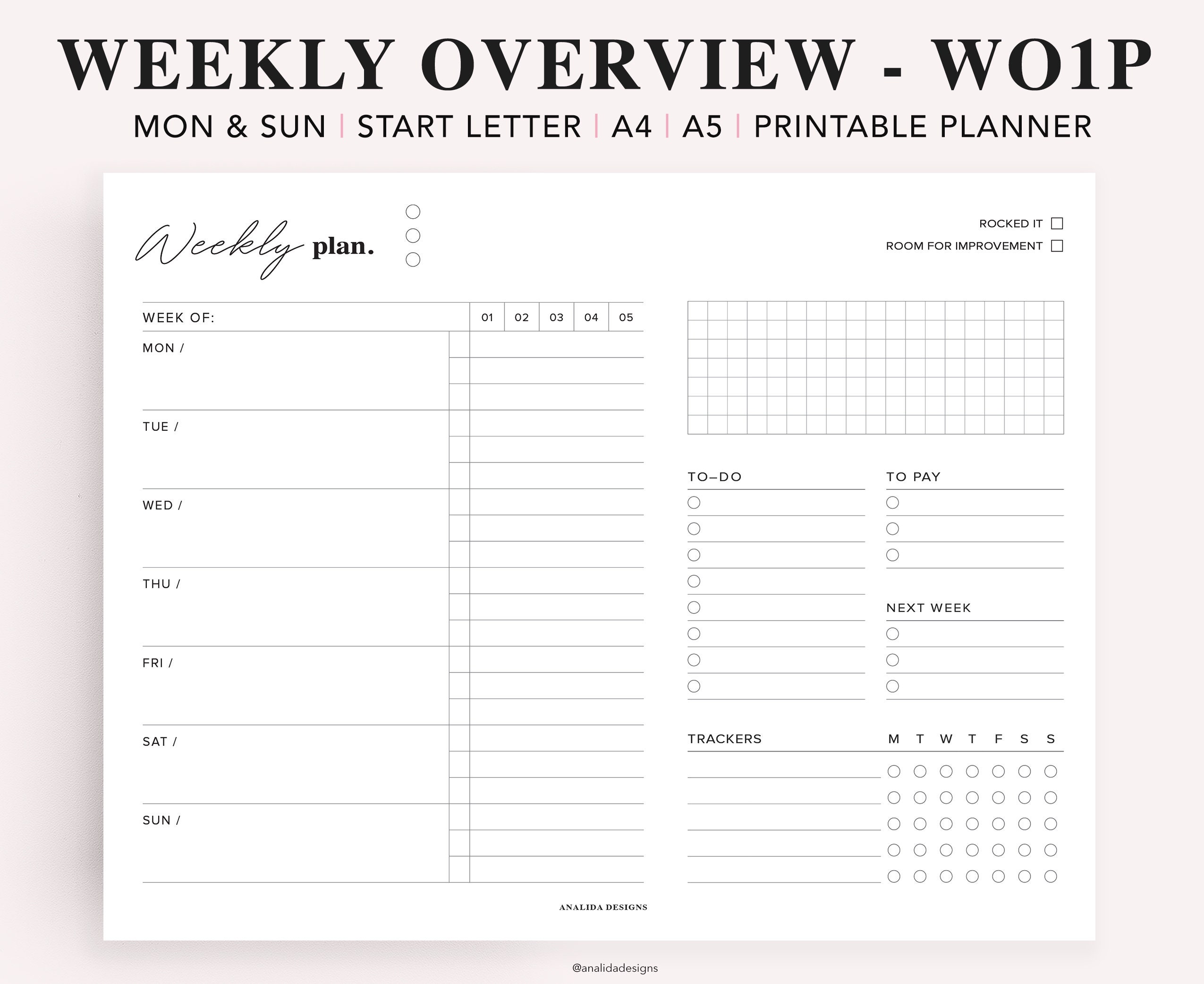 Weekly Planner Printable, Weekly Schedule, Weekly To-do List, Task List,  Habit Tracker, Week at a Glance, Filofax A5, Letter, A4, A5 