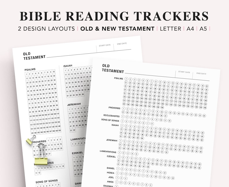May include: Two printable Bible reading trackers, one for the Old Testament and one for the New Testament. Each tracker has a grid with circles for marking off chapters read. The Old Testament tracker includes books like Psalms, Isaiah, Jeremiah, and Proverbs. The New Testament tracker includes books like Matthew, Mark, Luke, and John.