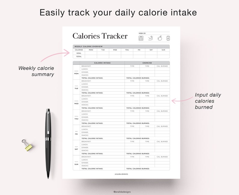 Calorie Tracker, Printable Calories Journal, Daily Weekly Calorie Counter, Diet Planner, Diet Plan, A5 Planner Inserts, PDF Instant Download image 2