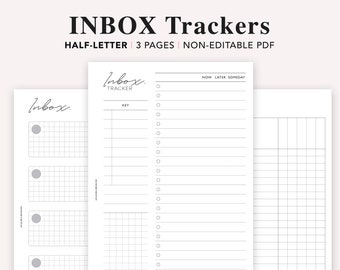 May include: A set of white INBOX trackers with the text "INBOX Trackers" at the top. The trackers include sections for "KEY", "NOW LATER SOMEDAY", and grid-lined boxes. The text "HALF-LETTER | 3 PAGES | NON-EDITABLE PDF" is also present.