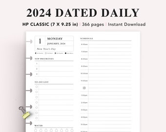 2024 Dated Daily Planner Printable, Happy planner classic, Daily Printable Inserts, Time Blocking Template, Work Day Schedule, HP Classic