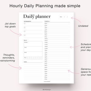 May include: A black and white printable daily planner with the words "The Daily Planner" at the top. The planner includes sections for top priorities, meals, notes, and a schedule from 6:00 am to 8:00 pm.