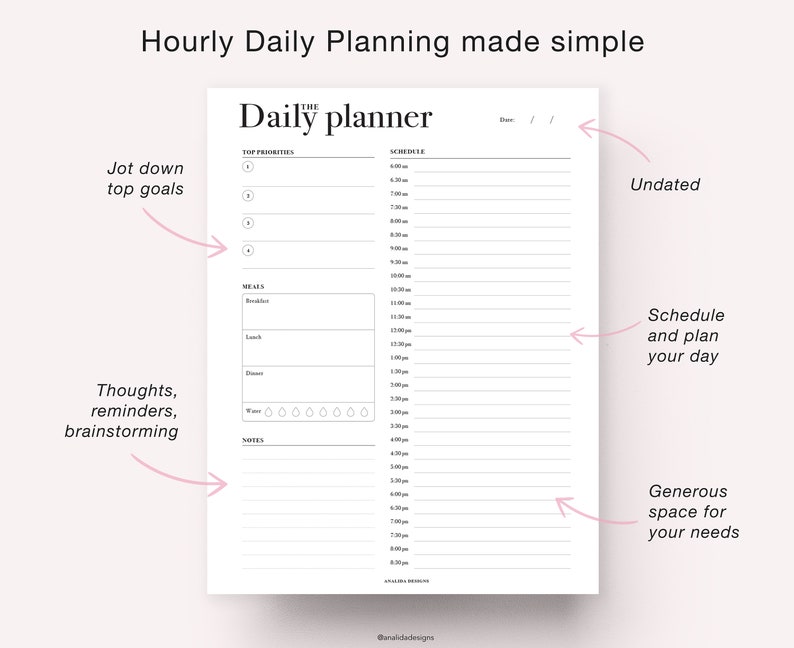 May include: A black and white printable daily planner with the words "The Daily Planner" at the top. The planner includes sections for top priorities, meals, notes, and a schedule from 6:00 am to 8:00 pm.