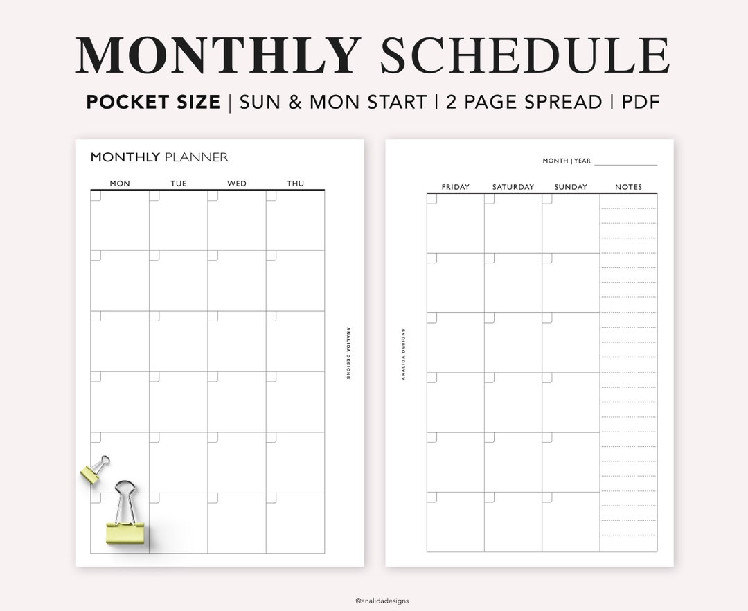 POCKET Monthly Planner Printable, Month on Two Pages, Monthly Schedule