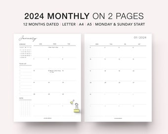 2024 Dated Monthly Calendar Printable Planner Inserts, Month on Two Pages, Monthly Calendar, Monthly Template, MO2P, Sunday & Monday Start