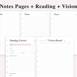 May include: Printable planner pages with sections for notes, a reading tracker, and a vision board. The pages are designed with a grid pattern and lined paper.