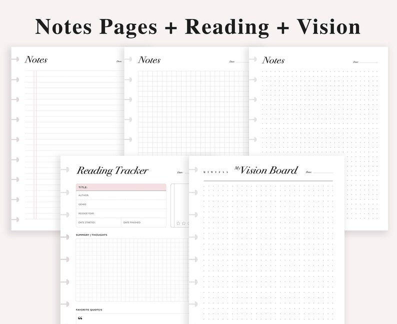 May include: Printable planner pages with sections for notes, a reading tracker, and a vision board. The pages are designed with a grid pattern and lined paper.