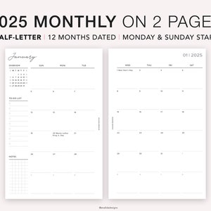 MEDIA CARTA 2025 Calendario mensual con fecha Planificador imprimible, Mes en dos páginas, Calendario mensual, Plantilla mensual, Inicio domingo y lunes