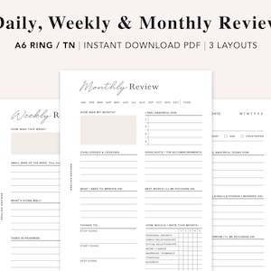 A6 - Daily Reflections, Weekly Reflection Journal, Monthly Review Worksheet, Gratitude journal, Weekly Review, A6 Planner Printable, PDF