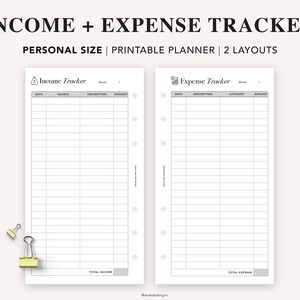 May include: Printable income and expense tracker pages with a simple design. The pages are divided into columns for date, source, description, amount, category, and total income or expense.