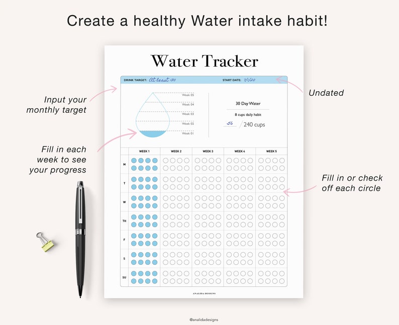 Water Tracker, 30 Day Water Challenge Printable, Water Intake Template, Hydration Tracker, Monthly Water Tracking, Instant Download image 8