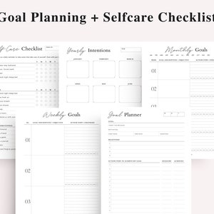 May include: A printable goal planning and self-care checklist with sections for monthly goals, weekly goals, yearly intentions, and a self-care checklist. The checklist includes sections for basic, physical, mental/emotional, and a goal planner.