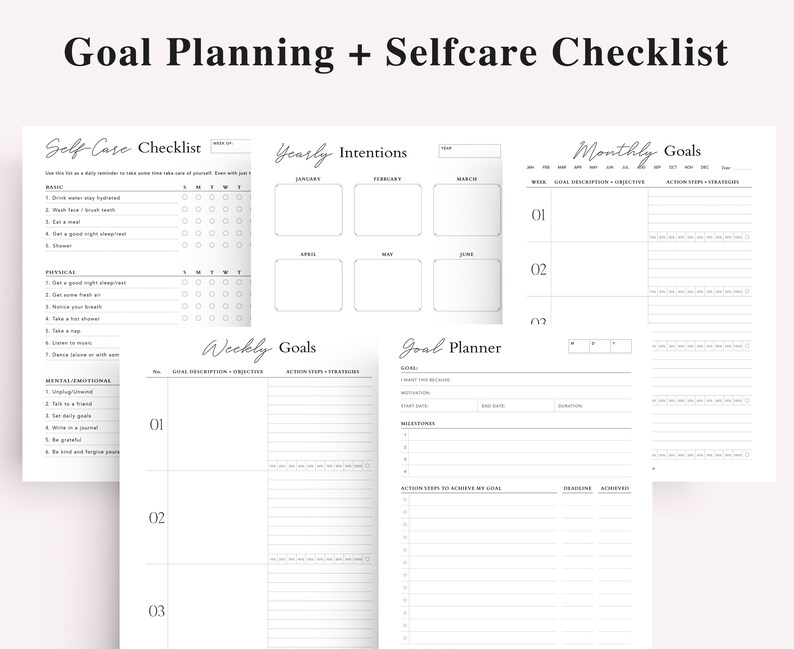 May include: A printable goal planning and self-care checklist with sections for monthly goals, weekly goals, yearly intentions, and a self-care checklist. The checklist includes sections for basic, physical, mental/emotional, and a goal planner.