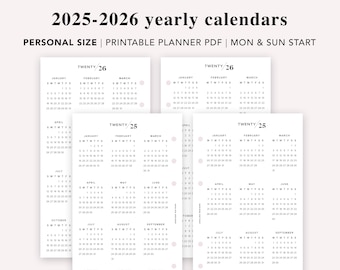 May include: Two printable calendar pages for the years 2025 and 2026. The calendars are in a personal size and feature a simple, minimalist design with black text on a white background. The calendars are labeled "Twenty 25" and "Twenty 26" and are designed to start with Monday and Sunday.