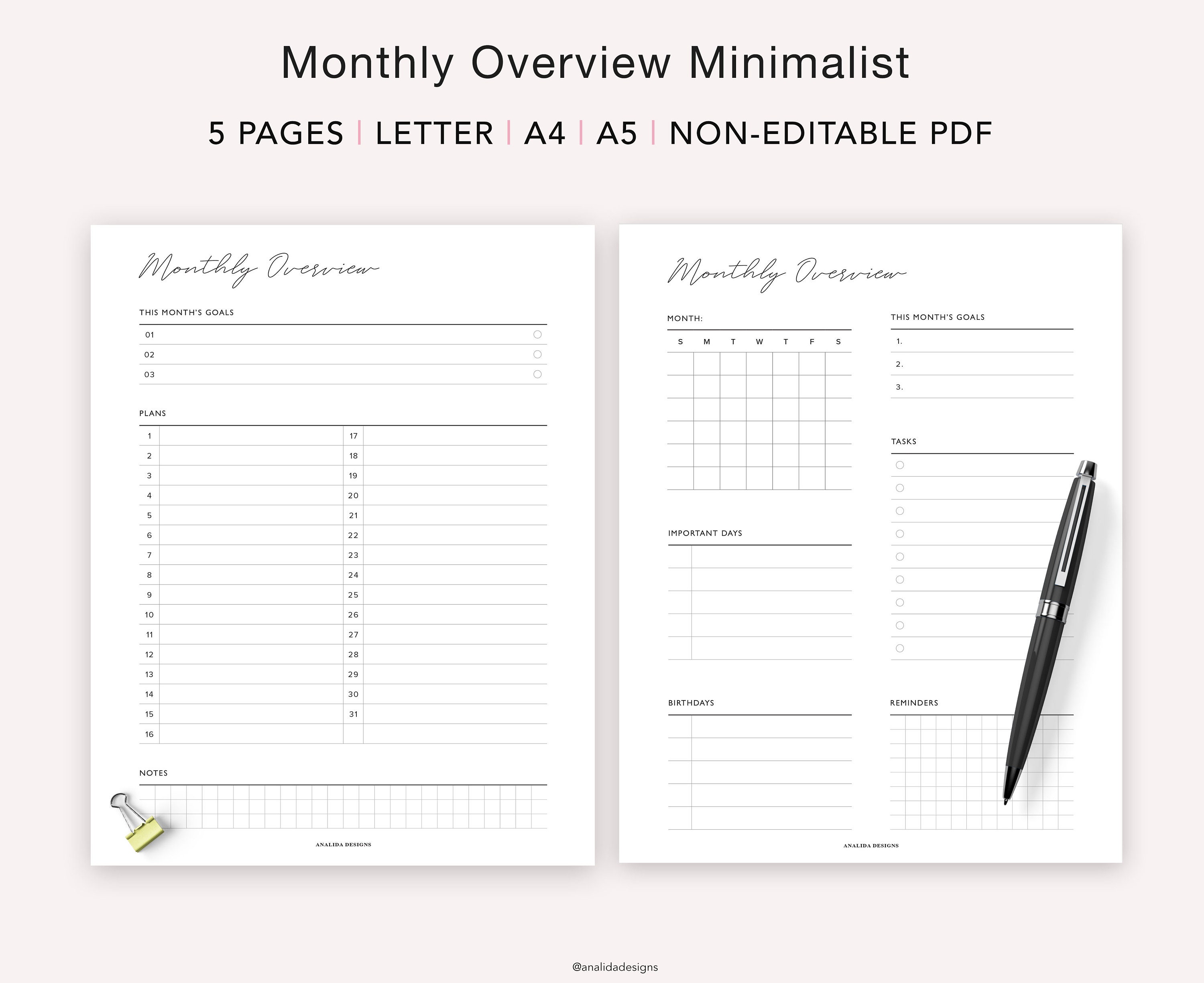 Monthly Planner Printable Monthly Overview Monthly Calendar Etsy