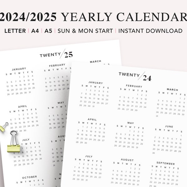 2024-2025 Printable Calendar, 2024 Yearly Calendar, Year At A Glance Calendar in A4, A5, Letter Size, Year Calendar 12 months, PDF Download