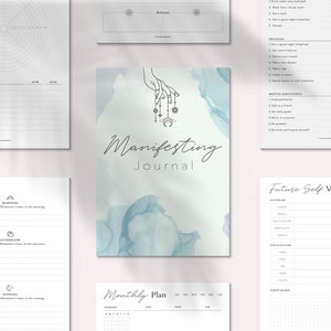 May include: A printable manifesting journal with pages for daily affirmations, future self visualization, and a monthly plan. The cover features a watercolor design with a hand holding celestial objects.