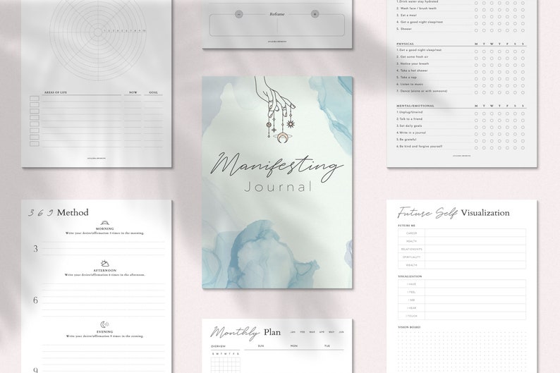 May include: A printable manifesting journal with pages for daily affirmations, future self visualization, and a monthly plan. The cover features a watercolor design with a hand holding celestial objects.