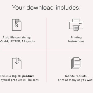 May include: Illustration of a digital download that includes a zip file containing printable designs in four sizes: A5, A4, and Letter. The download also includes printing instructions and allows for infinite reprints.