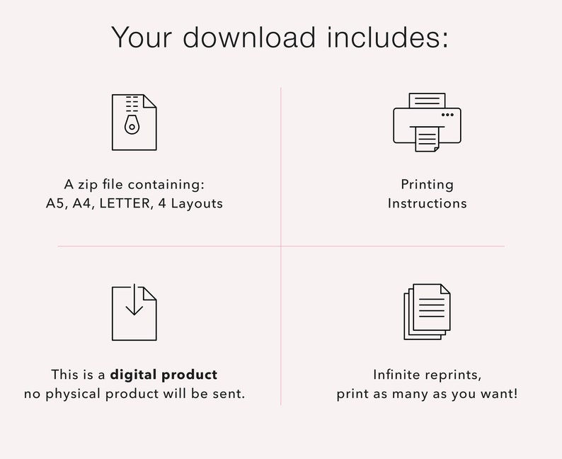 May include: Illustration of a digital download that includes a zip file containing printable designs in four sizes: A5, A4, and Letter. The download also includes printing instructions and allows for infinite reprints.