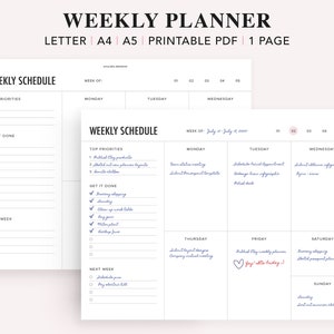 Undated Weekly Planner Printable, Weekly Organizer, Weekly To Do List for Work/Home, Minimal Weekly Schedule, Weekly Agenda, A5, A4, Letter