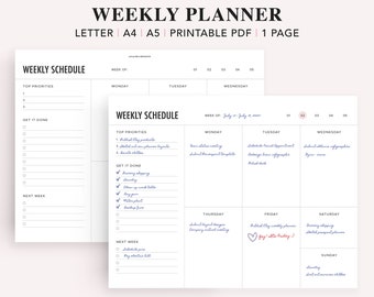 Undated Weekly Planner Printable, Weekly Organizer, Weekly To Do List for Work/Home, Minimal Weekly Schedule, Weekly Agenda, A5, A4, Letter