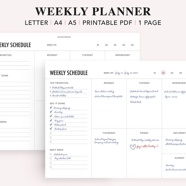 Undated Weekly Planner Printable, Weekly Organizer, Weekly To Do List for Work/Home, Minimal Weekly Schedule, Weekly Agenda, A5, A4, Letter