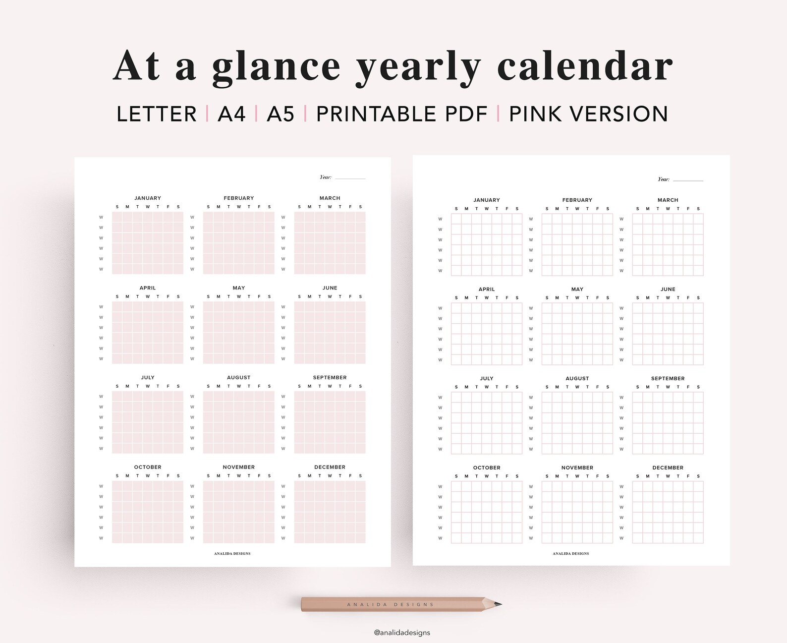 Calendar Printable Undated Yearly Calendar Annual Calendar Etsy
