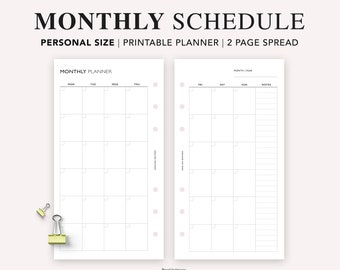 May include: A printable monthly planner with two pages. The left page has a grid for each day of the week, and the right page has a grid for Friday, Saturday, Sunday, and a notes section.