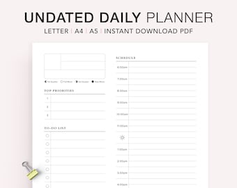 Undated Daily Planner Printable, Daily Printable Inserts, Time Blocking Template, Work Day Schedule, A5 Planner Inserts, A4, Letter, PDF