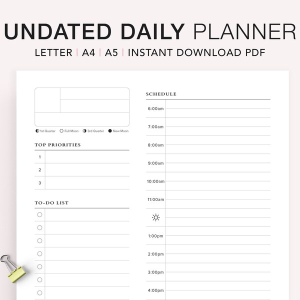 Undated Daily Planner Printable, Daily Printable Inserts, Time Blocking Template, Work Day Schedule, A5 Planner Inserts, A4, Letter, PDF