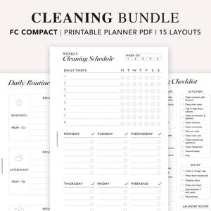 May include: A white printable planner bundle with the text "CLEANING BUNDLE" at the top. The planner includes a weekly cleaning schedule, daily routine, and checklist layouts. The pages are designed for organizing cleaning tasks.