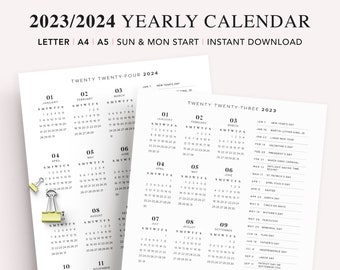 2023-2024 Printable Calendar with Holidays on One Page, 2023 Yearly Overview, Desk Calendar, Year At A Glance Calendar, Instant download